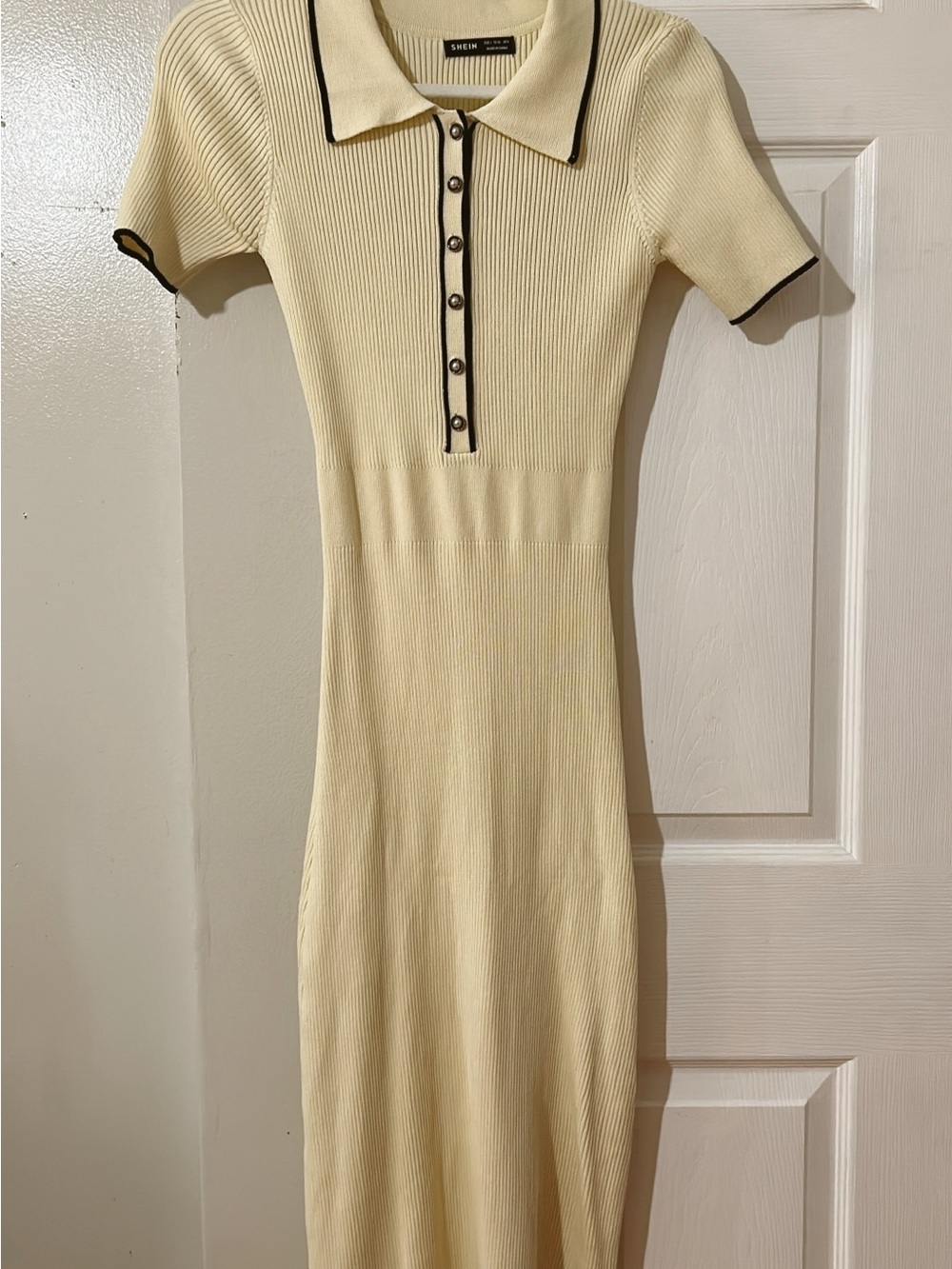 SHEIN Cream Ribbed Polo Midi Dress with Black Trim